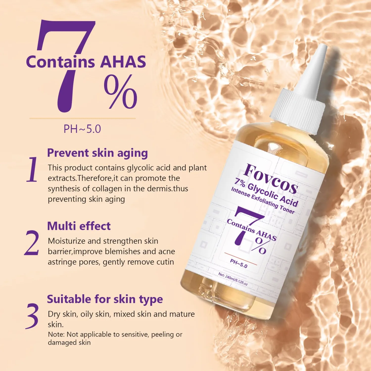7% Glycolic Acid Exfoliating Toner, Exfoliating Skin Care Facial Toner, Improves Texture, Reduces Breakouts Pores and Fine Lines, Suitable for All Skin Types