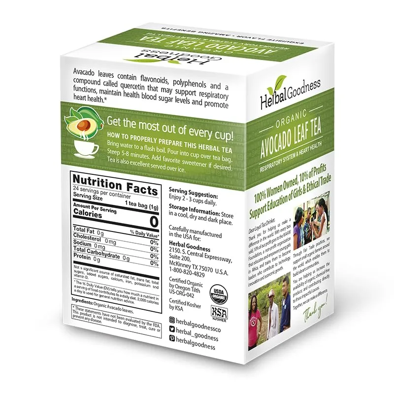 Avocado Leaf Tea - Organic Avocado Green Tea Bags Rich in Calcium, Nutrient Dense, Respiratory & Heart Support - 24/2g Tea Bags - Herbal Goodness