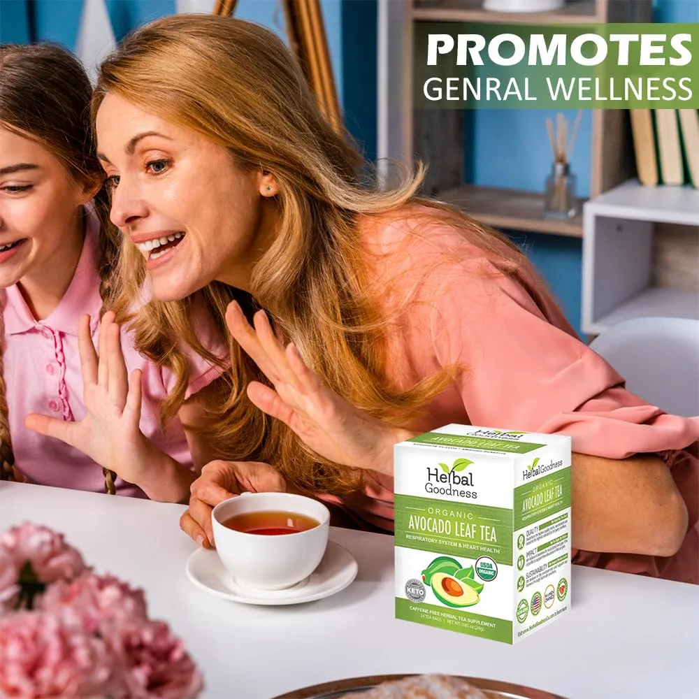 Avocado Leaf Tea - Organic Avocado Green Tea Bags Rich in Calcium, Nutrient Dense, Respiratory & Heart Support - 24/2g Tea Bags - Herbal Goodness