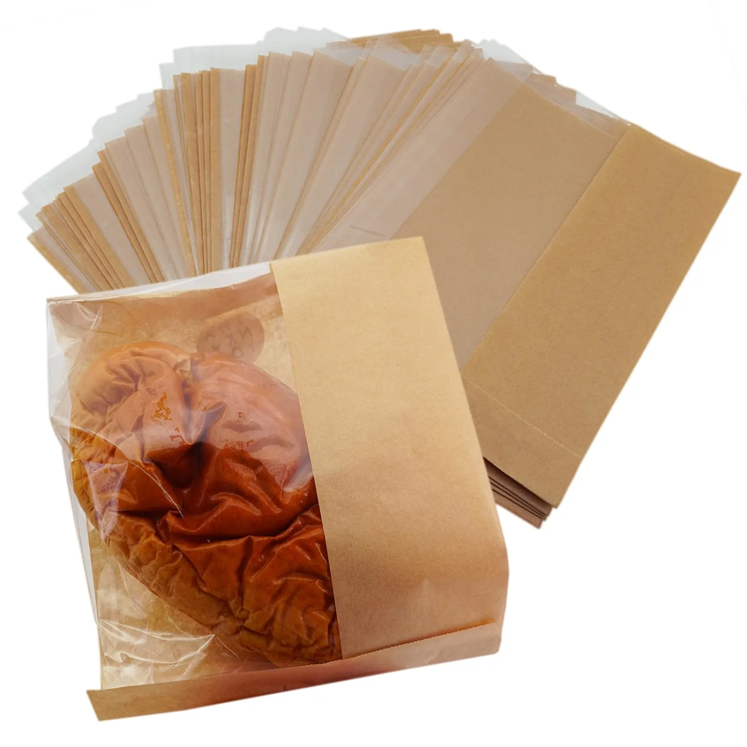 Bakery Paper Bags with Window, 50pcs Expandable 7x8.7 Inch Food Storage Bags for Cookies, Bagels & Donuts, Individual Packing for Homemade Bread & Party Gifts