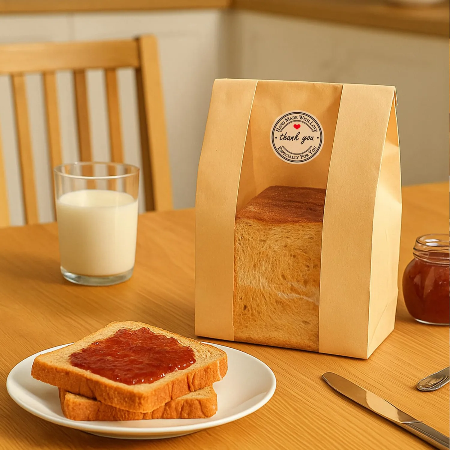 50 Pcs Large Paper Bread Bags for Sourdough (13.7x8.2x3.7 in) – Kraft Bread Packaging for Homemade with Window, 50 Cute Stickers – Bakery Bags for Gifting & Storage
