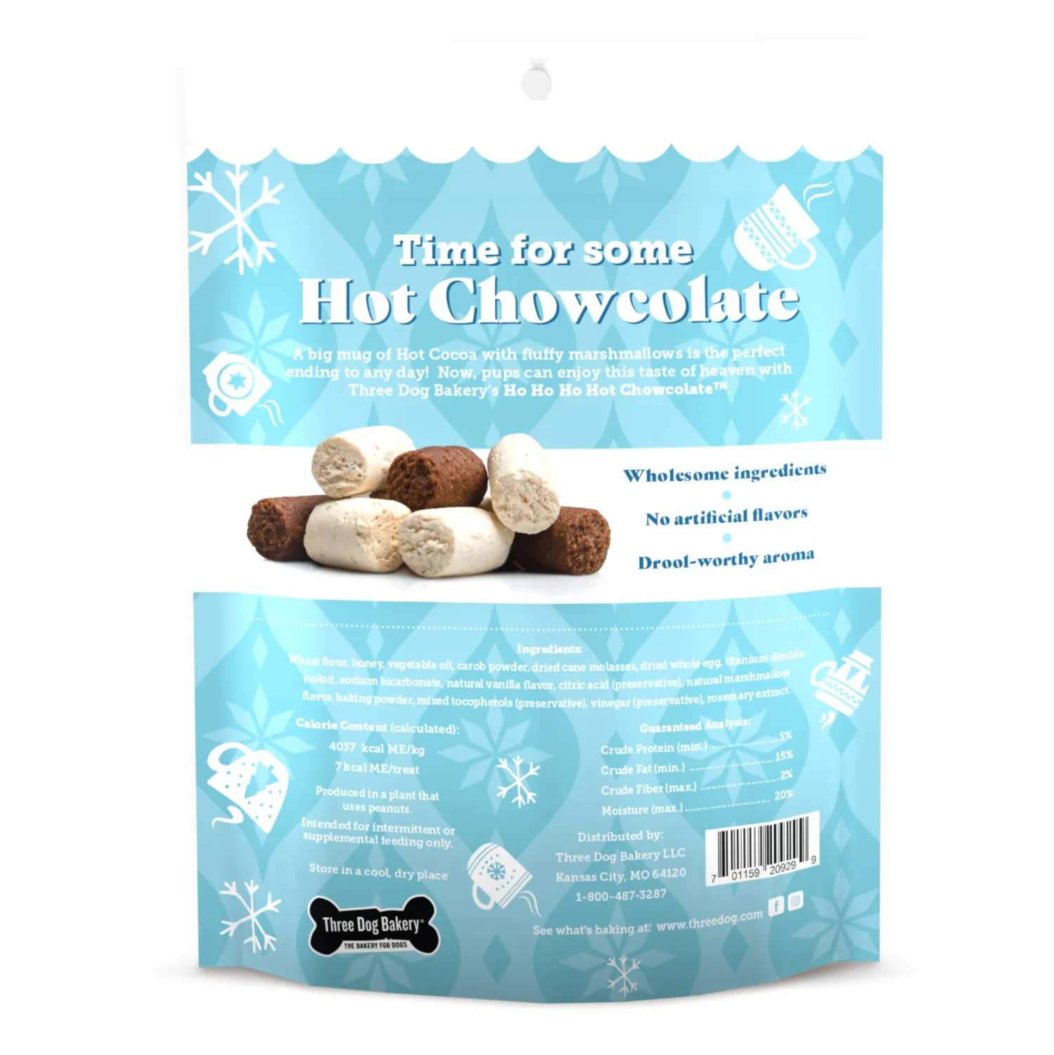 Three Dog Bakery Ho Ho Ho Hot Chowcolate - Festive Dog Treats, Carob & Marshmallow Wafers for Pups, Natural Dog Training Treats in Resealable Pouch, Puppy Training Treats