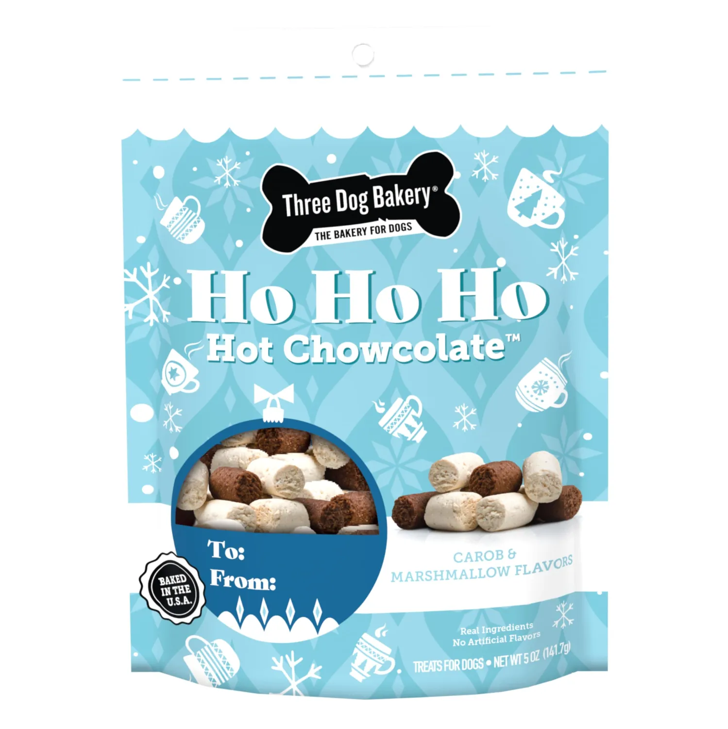 Three Dog Bakery Ho Ho Ho Hot Chowcolate - Festive Dog Treats, Carob & Marshmallow Wafers for Pups, Natural Dog Training Treats in Resealable Pouch, Puppy Training Treats