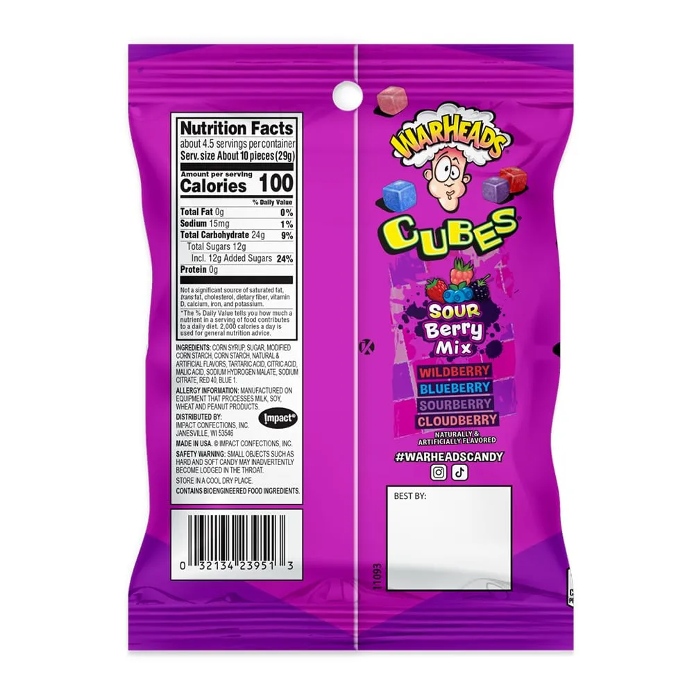 WARHEADS Berry Cubes - Sour, Sweet Berry Mix - Wildberry, Cloudberry, Blueberry, & Sourberry Flavors - 4.5 oz. Bags - 2 Pack