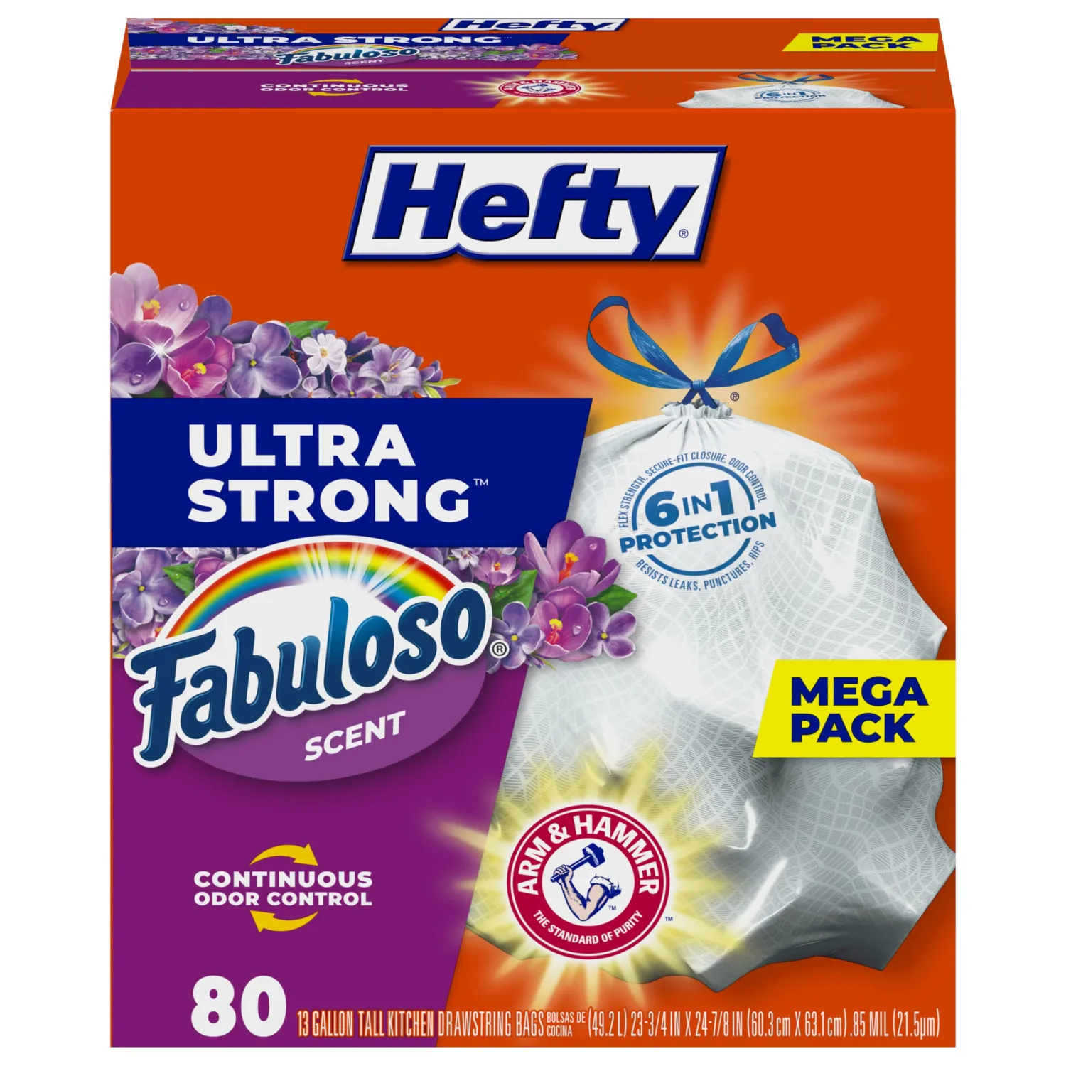 Hefty Ultra Strong 13 Gallon Trash Bags, Tall Kitchen Trash Bags 13 Gallon Size, Resist Leaks, Punctures, and Rips, Continuous Odor Control, White, Fabuloso Scent, 80 Bags