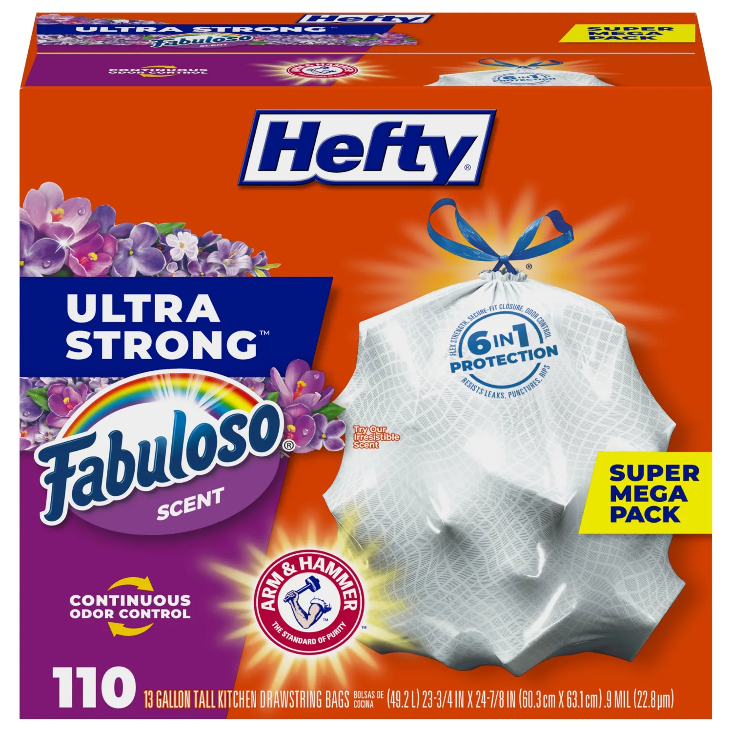 Hefty Ultra Strong 13 Gallon Trash Bags, Tall Kitchen Trash Bags 13 Gallon Size, Resist Leaks, Punctures, and Rips, Continuous Odor Control, White, Fabuloso Scent, 110 Bags