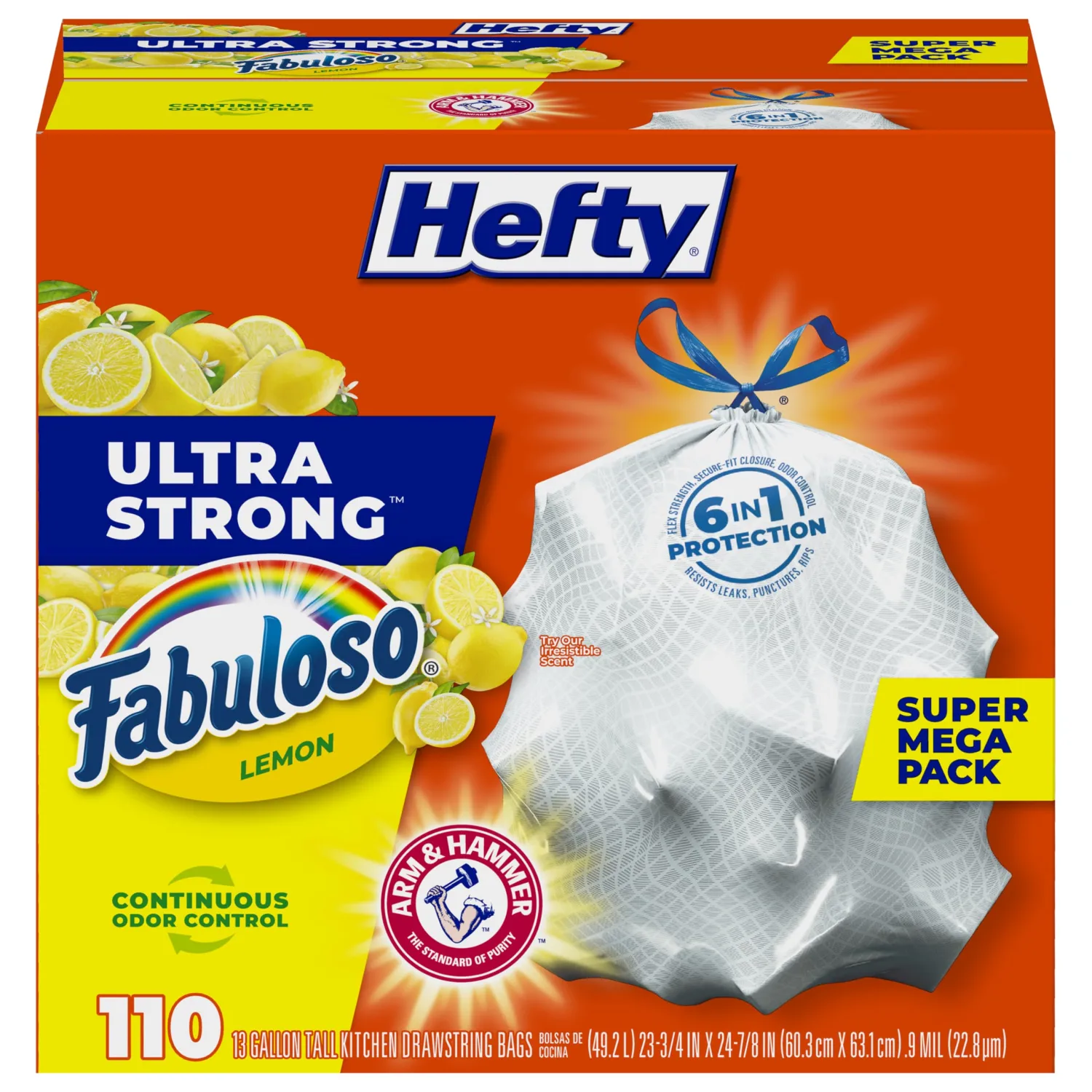 Hefty Ultra Strong 13 Gallon Trash Bags, Tall Kitchen Trash Bags 13 Gallon Size, Resist Leaks, Punctures, and Rips, Continuous Odor Control, White, Fabuloso Lemon Scent, 110 Bags