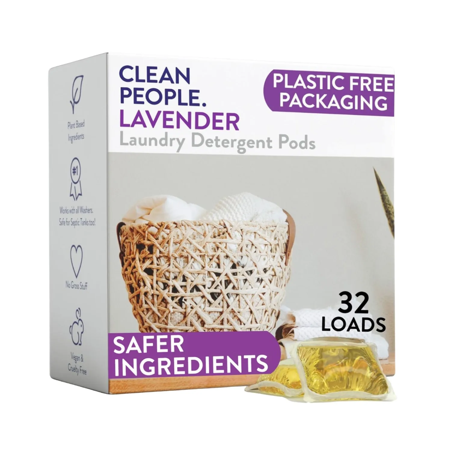 The Clean People Laundry Detergent Pods - Hypoallergenic Laundry Pods - Ultra Concentrated, Recyclable Packaging, Stain Fighting - Lavender, 32 Pack