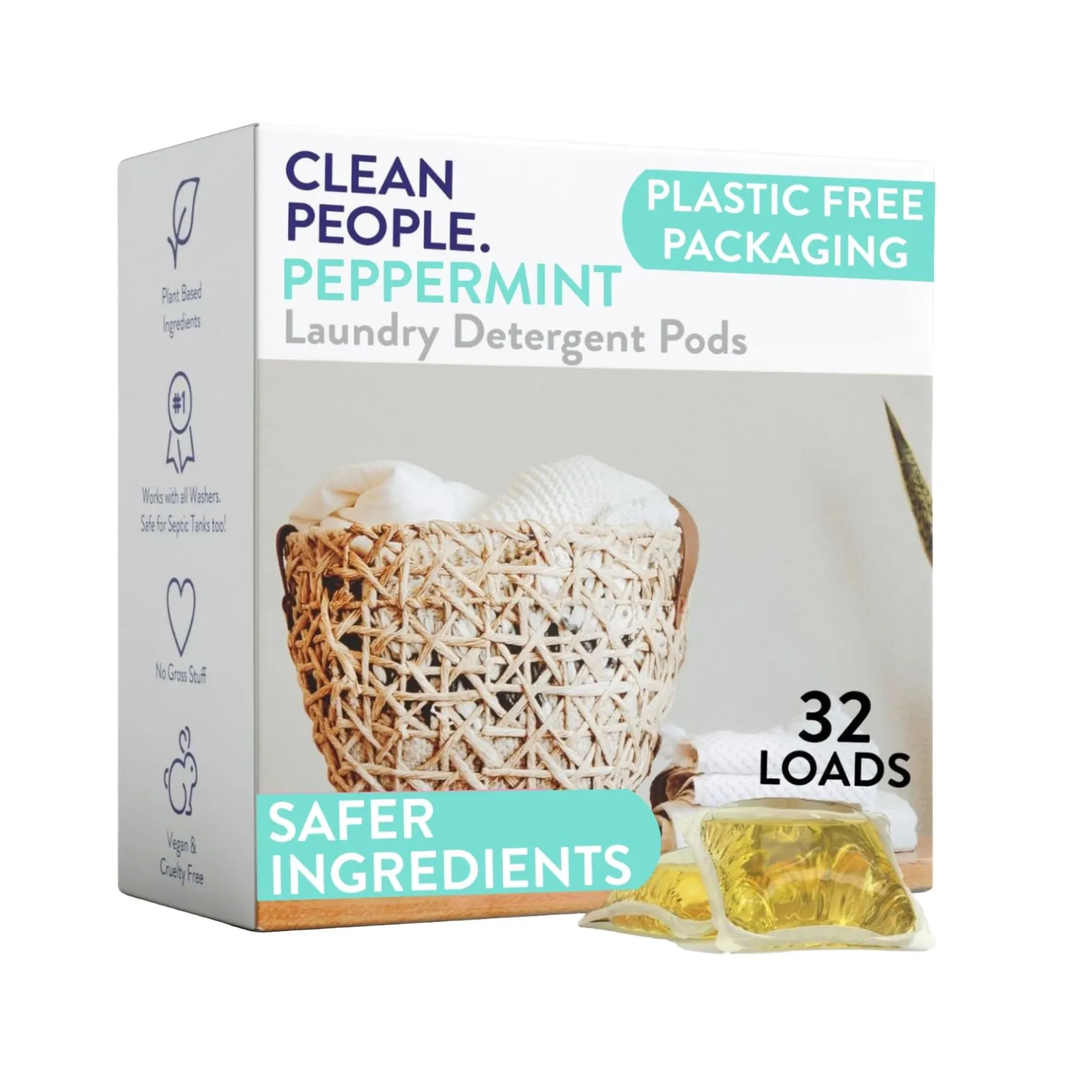 The Clean People Laundry Detergent Pods - Hypoallergenic Laundry Pods - Ultra Concentrated, Recyclable Packaging, Stain Fighting - Peppermint, 32 Pack