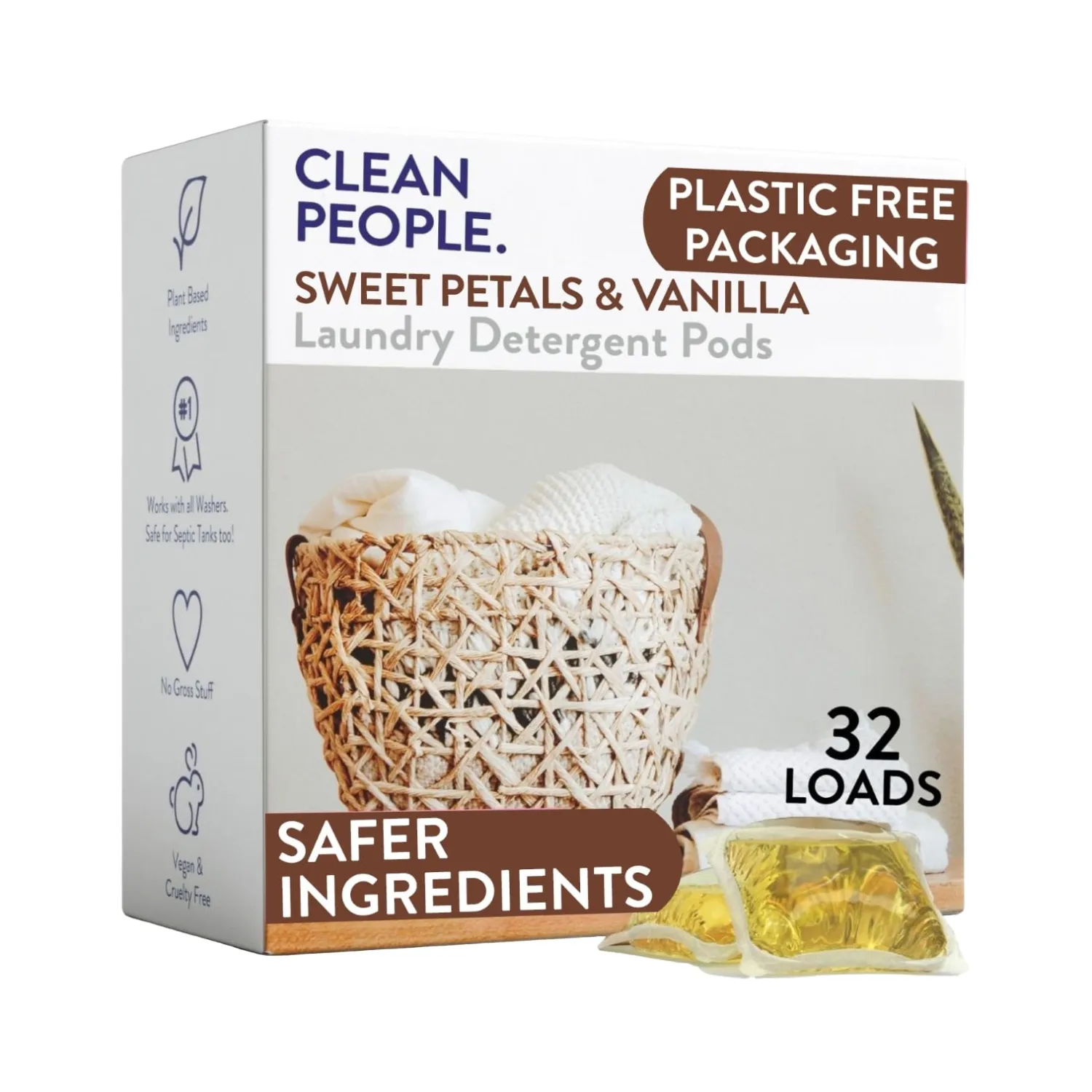The Clean People Laundry Detergent Pods - Hypoallergenic Laundry Pods - Ultra Concentrated, Recyclable Packaging, Stain Fighting - Sweet Petals, 32 Pack