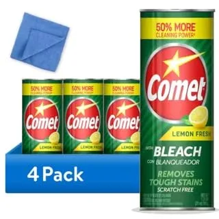 Comet Cleaner Lemon Fresh with Bleach Powder 21 oz, 4-Pack – Scratch-Free Multi-Surface Cleaner for Bathroom, Sink, Kitchen, Tile, Grout + Yahmi Microfiber Cloth – Tough Stain Remover