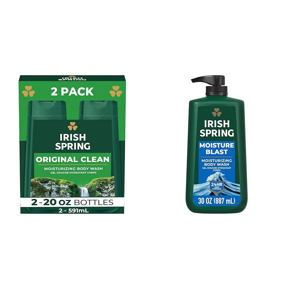 Irish Spring Original Clean Body Wash, 20 Oz, 2 Pack & Moisture Blast Body Wash, 30 Oz Pump