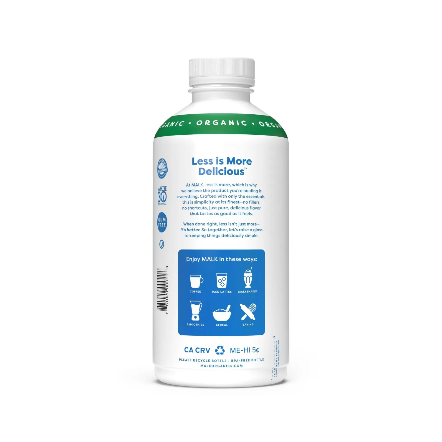 Malk Organic Unsweetened Almond Milk - 28 fl oz - Non GMO, Whole 30 approved, Dairy Free, Vegan, Plant Based