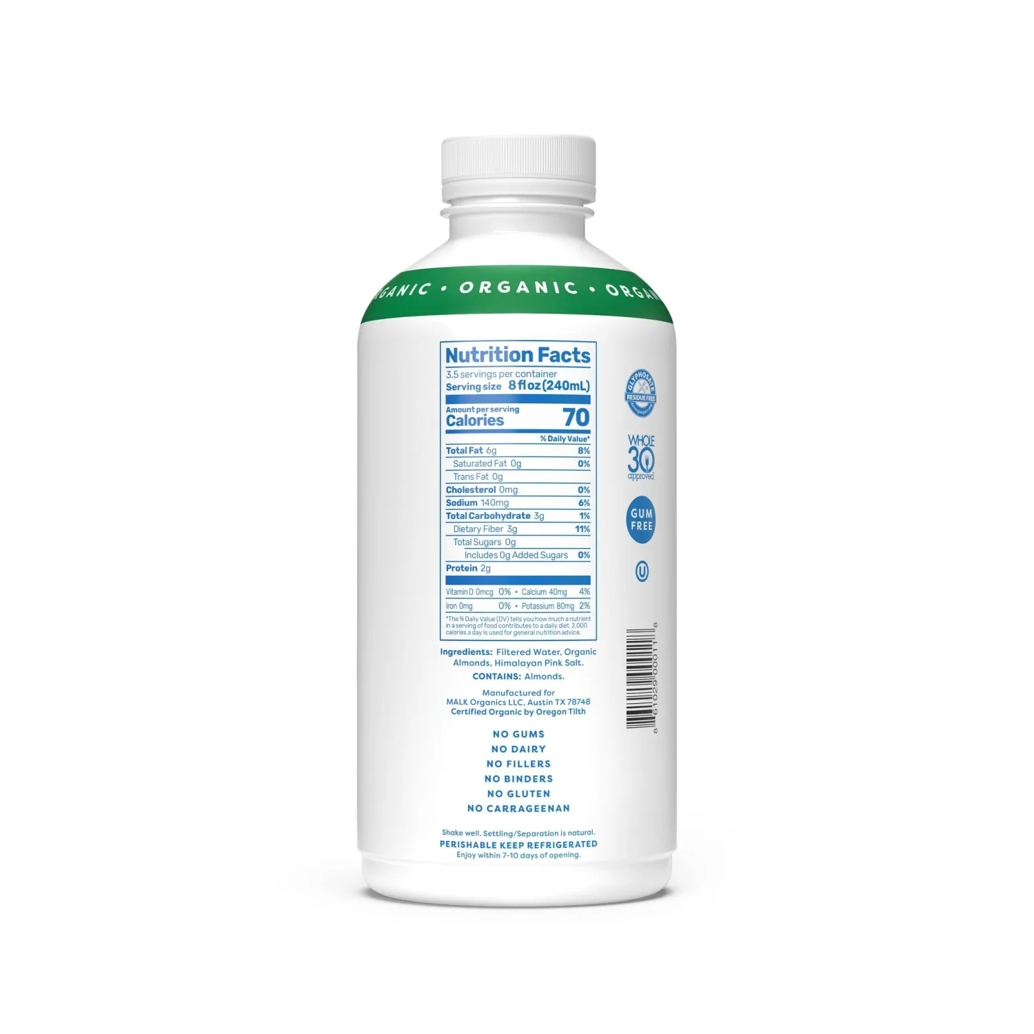 Malk Organic Unsweetened Almond Milk - 28 fl oz - Non GMO, Whole 30 approved, Dairy Free, Vegan, Plant Based