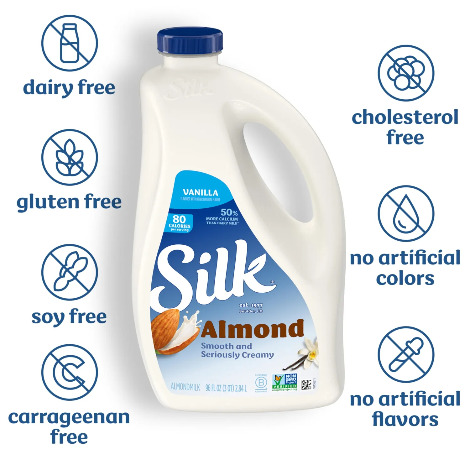 Silk Almond Milk, Vanilla, Dairy-Free, Plant-Based, Non-GMO Project Verified, 96 oz.