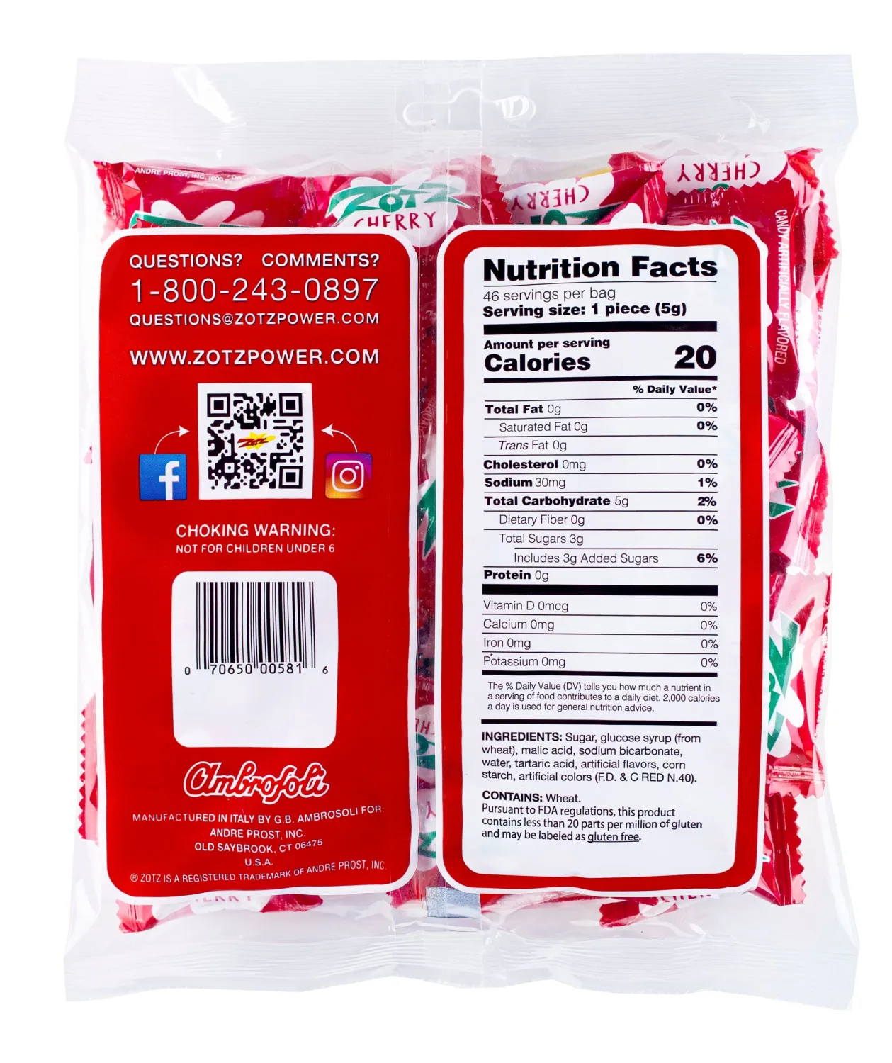Zotz Fizzy Old Fashioned Hard Candy Fruit Flavored Cherry Candy, Individually Wrapped and Filled Hard Candy - Gluten -Free, From Italy Since 1970 (Bag 46 Units)