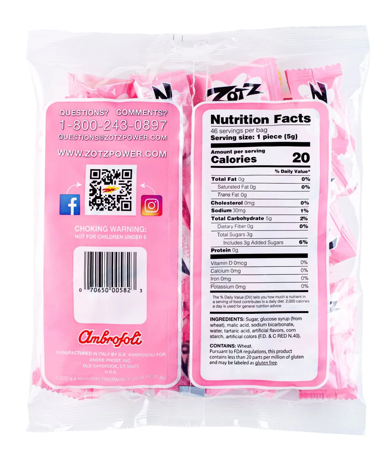 Zotz Fizzy Old Fashioned Hard Candy Fruit Flavored Watermelon Candy, Individually Wrapped - Gluten Free, From Italy Since 1970 (Bag 46 Units)