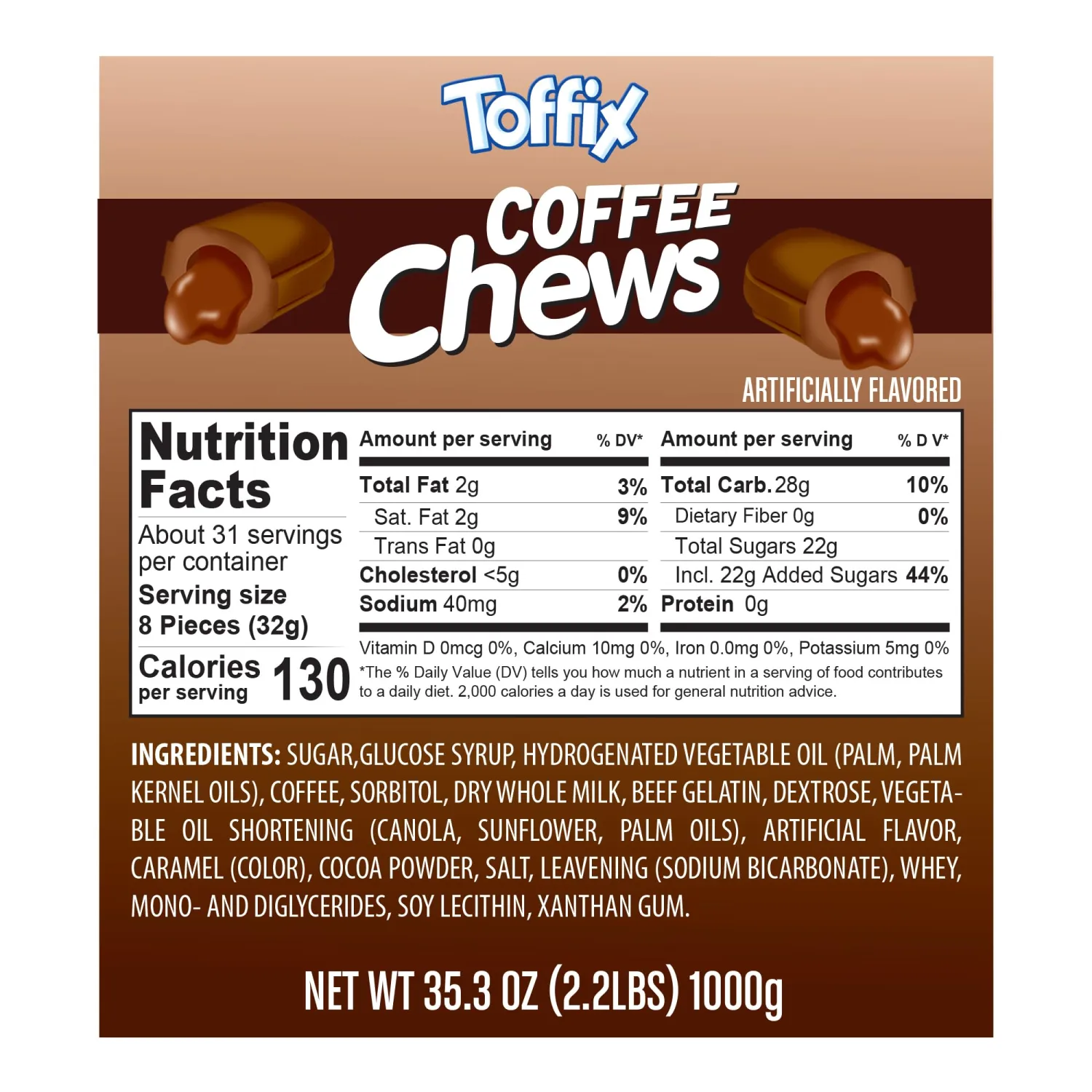 Toffix Coffee Chews, Center-Filled Soft Chewy Candy, 250 Pieces of Individually Wrapped Snacks for Kids & Adults, Coffee Flavored Chewy Candies - 2 Pound Bulk Bag