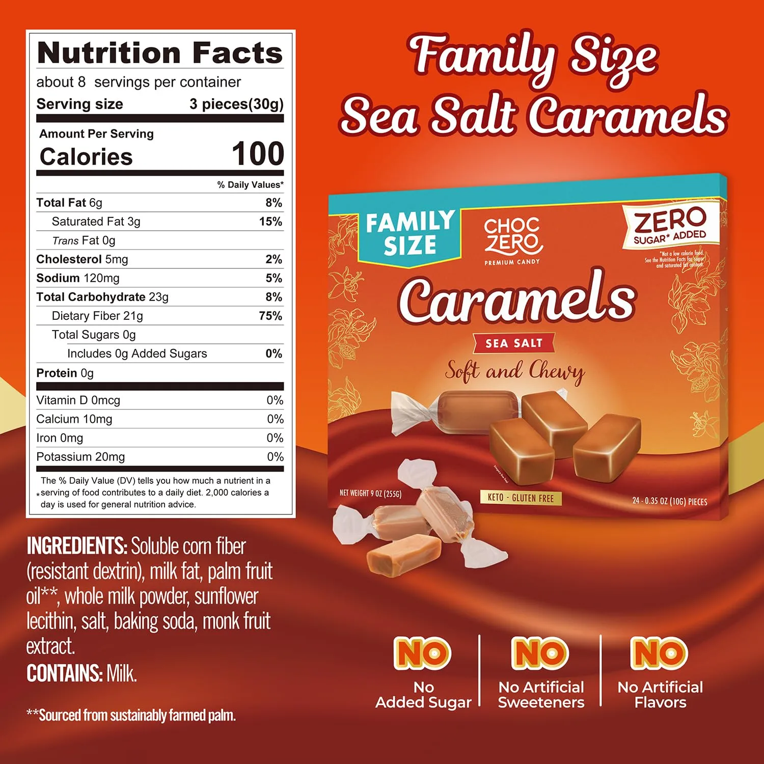 ChocZero Sugar Free Caramels - Keto Caramel Candy - All Natural, Classic Candies - Low Carb Snack (9oz Box)