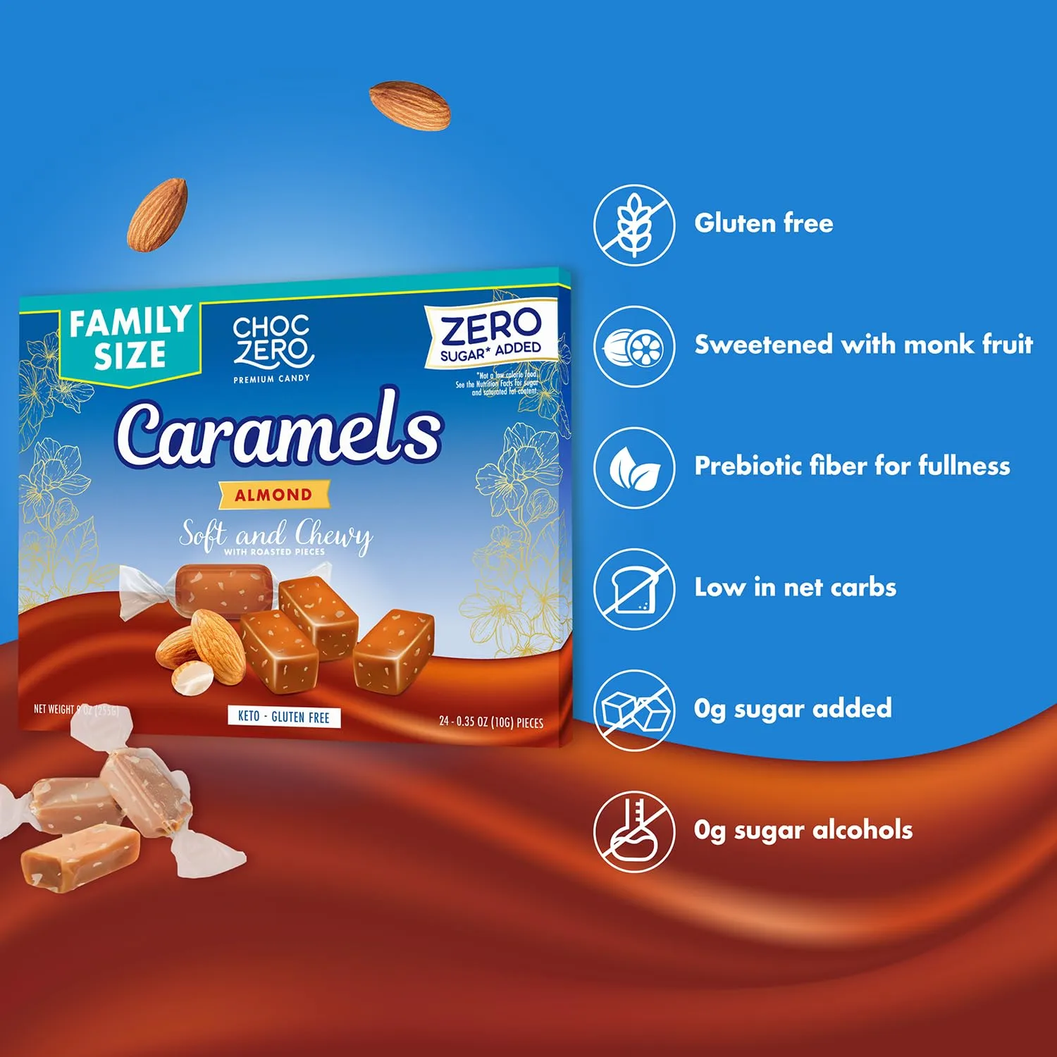 ChocZero Sugar Free Almond Caramels, Soft and Chewy with Roasted Almonds, Keto Candy, All Natural, Low Carb Snack (9oz Box)