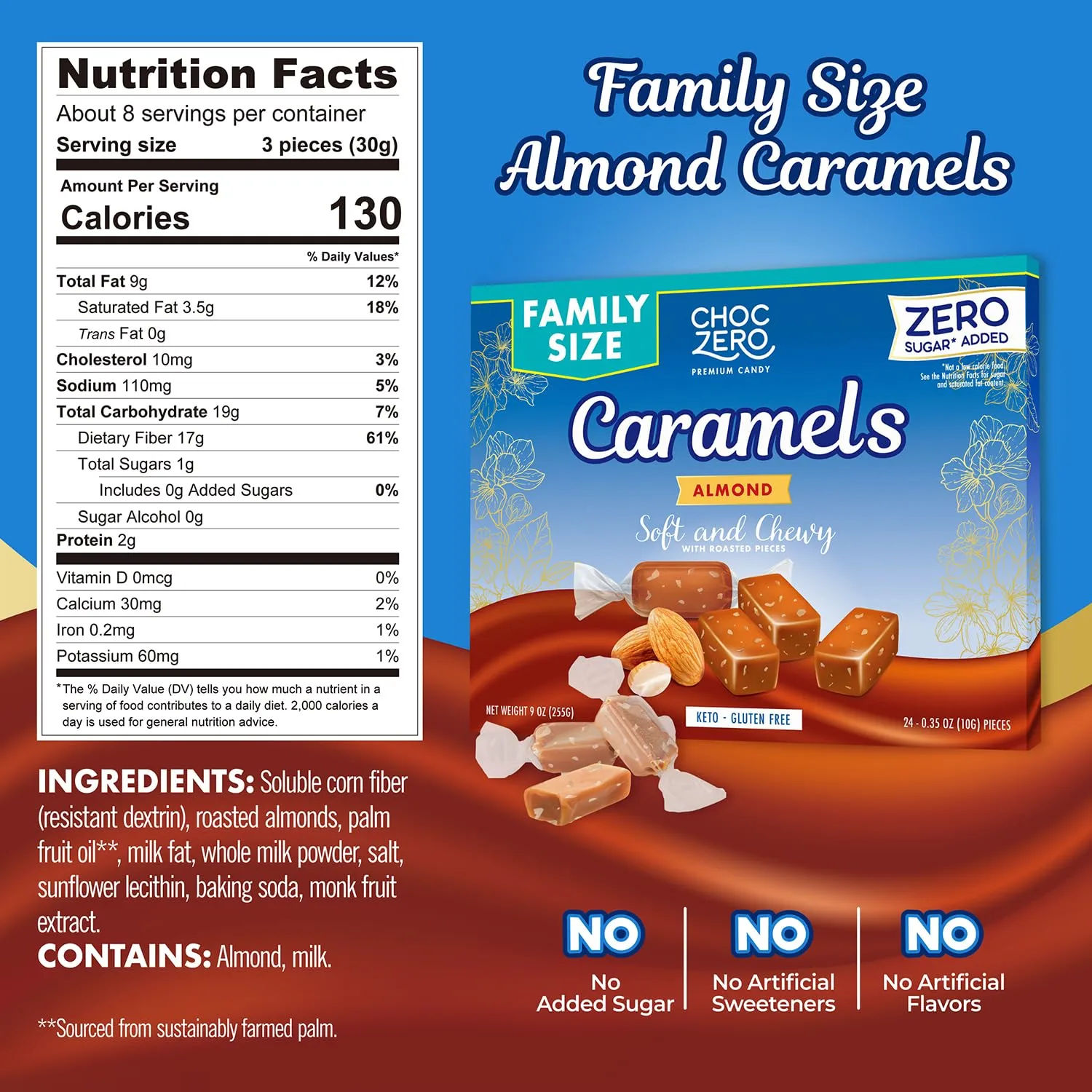 ChocZero Sugar Free Almond Caramels, Soft and Chewy with Roasted Almonds, Keto Candy, All Natural, Low Carb Snack (9oz Box)