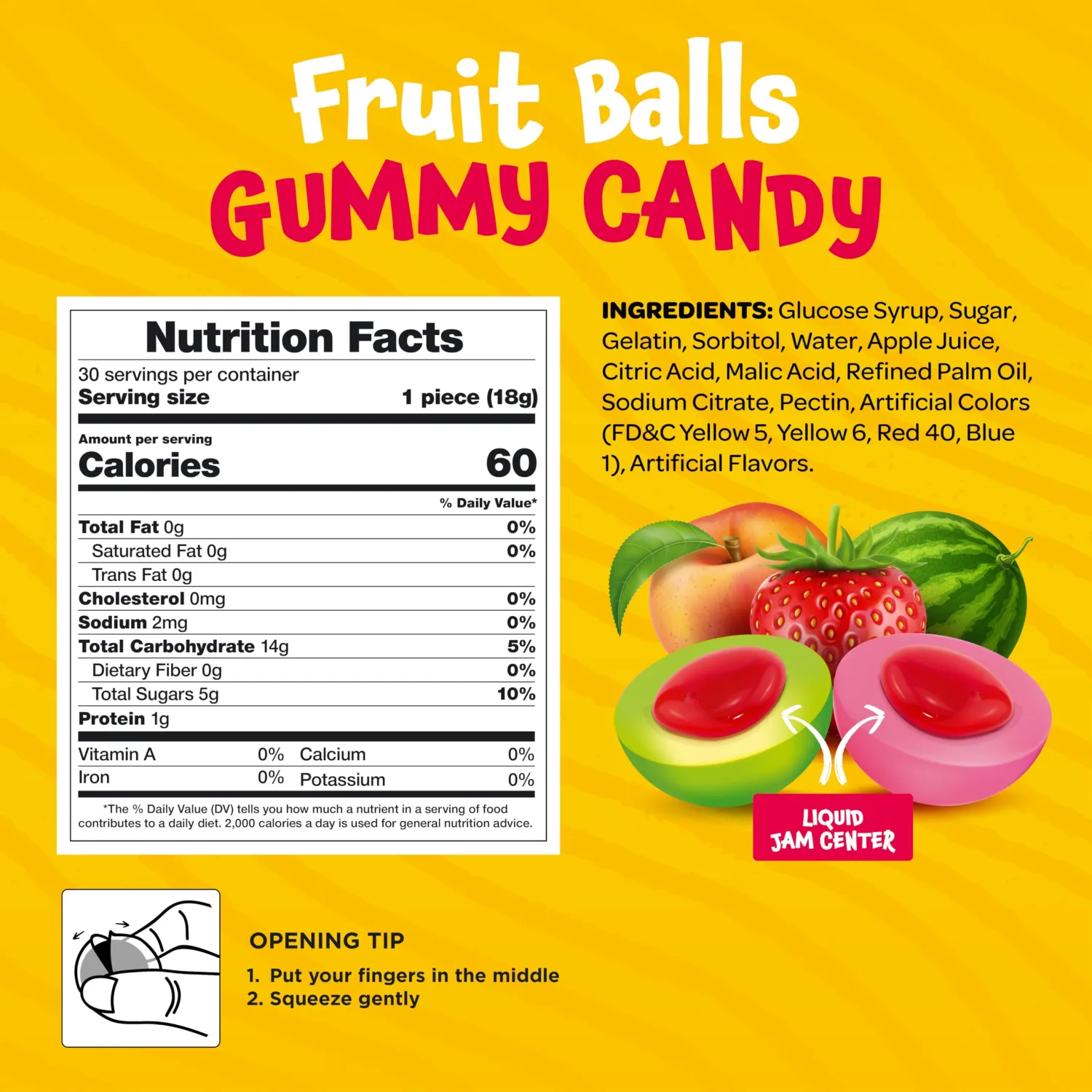 Fruit Gummy Balls Mix - 19 Ounce Jar (30 Count) - Jelly Filled Gummies - Individually Wrapped Gummy Candy - Watermelon, Strawberry, Peach - Candy for Goody Bags by Funtasty