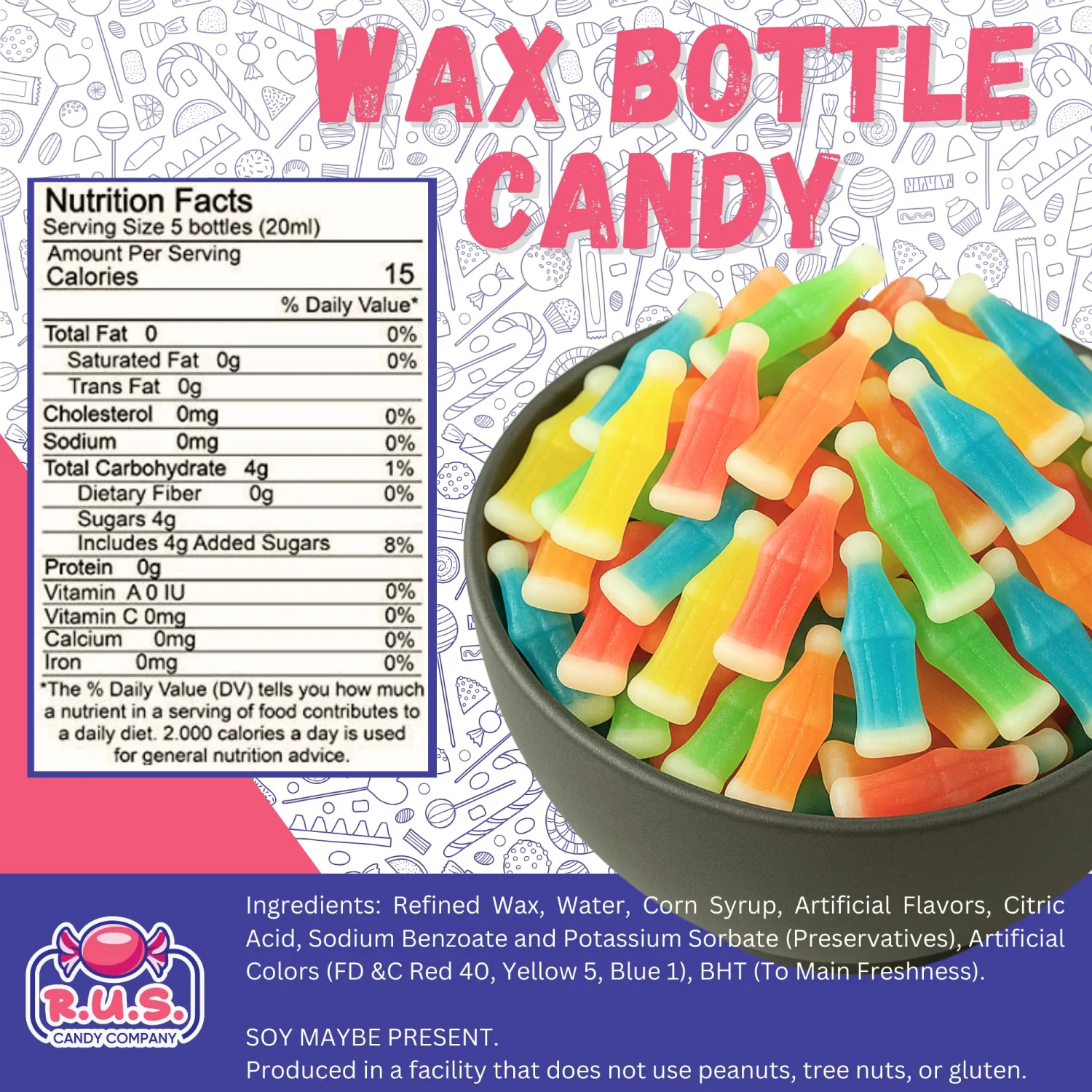 Old-Fashioned Wax Bottle Candy – 1 Lbs Bulk Pack – 5 Fruity Flavors (Lemon, Blue Raspberry, Orange, Cherry, Green Apple) – Retro Candy Drinks for Parties, Kids, and Nostalgic 90's Buffet (1 Pound)