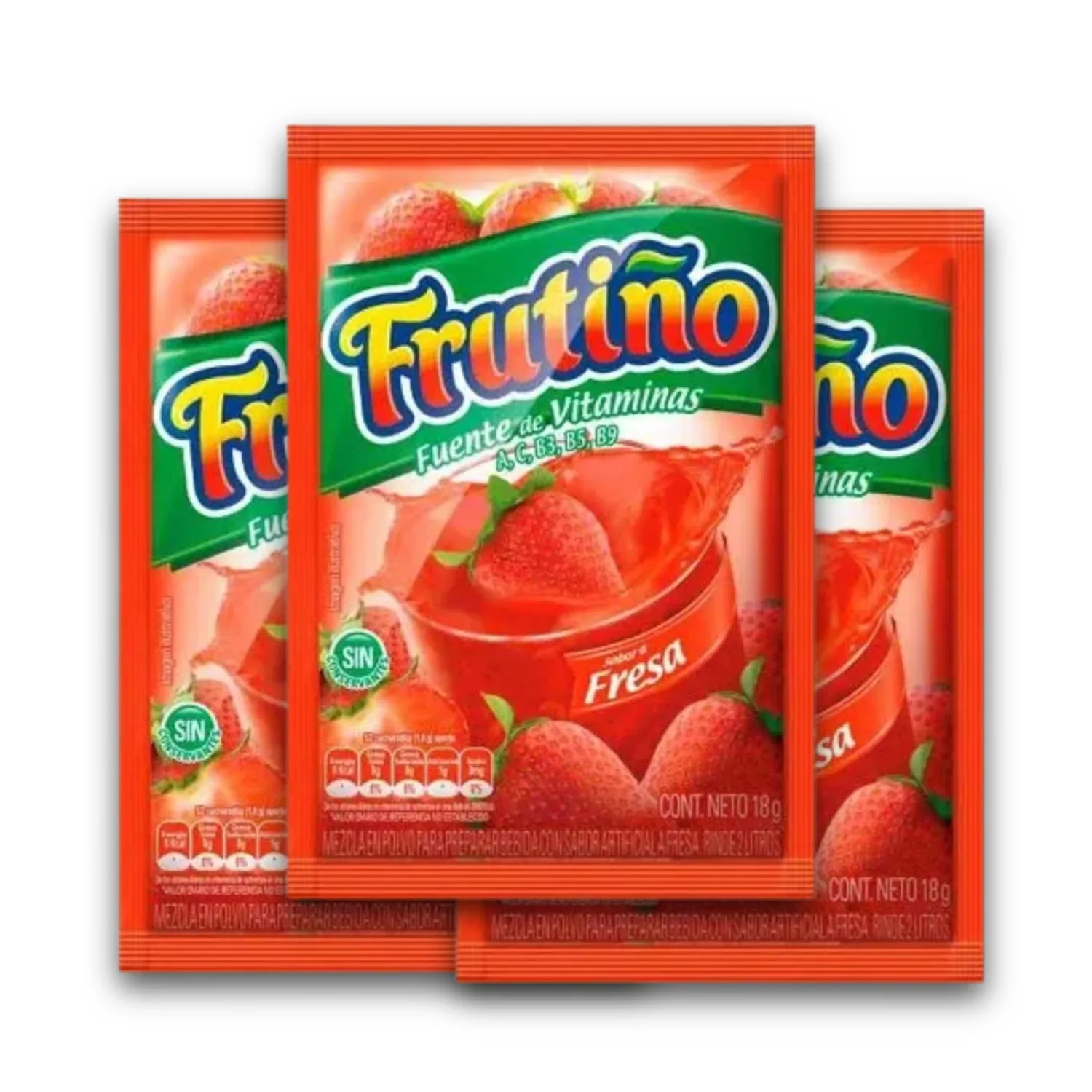 FRUTIÑO - Mezcla en Polvo para Preparar Bebidas con sabor a frutas - Rinde 2 litros - Caja de 20 Und - Powdered Drink Mix (Box of 20 Pouches, Makes 2lt/Pouch) - Refresco Instantáneo - Imported from Colombia. (fresa)