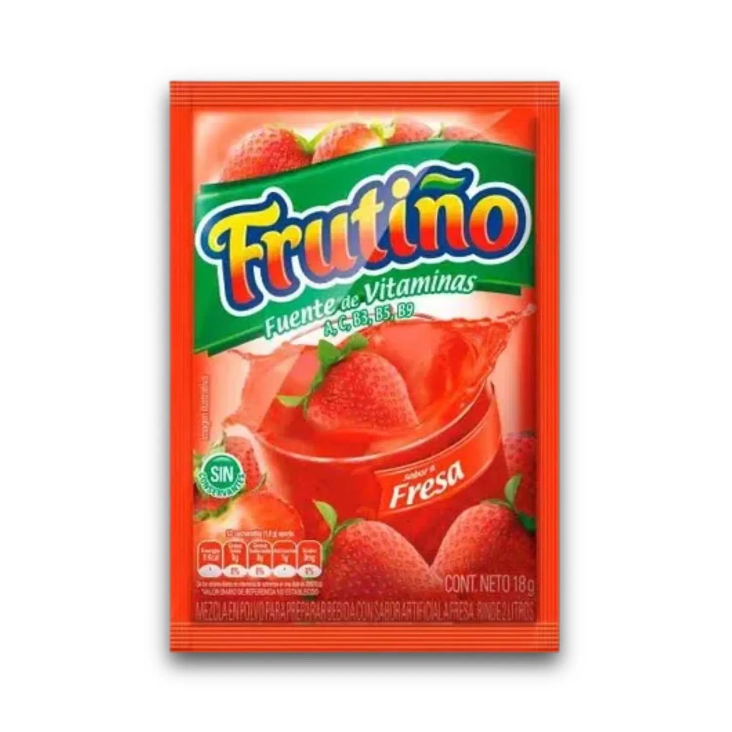 FRUTIÑO - Mezcla en Polvo para Preparar Bebidas con sabor a frutas - Rinde 2 litros - Caja de 20 Und - Powdered Drink Mix (Box of 20 Pouches, Makes 2lt/Pouch) - Refresco Instantáneo - Imported from Colombia. (fresa)