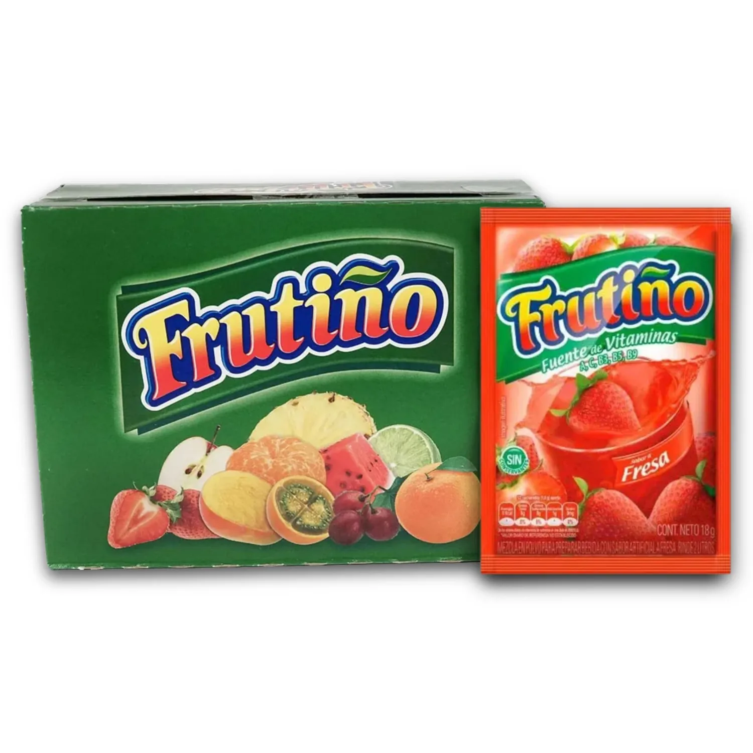 FRUTIÑO - Mezcla en Polvo para Preparar Bebidas con sabor a frutas - Rinde 2 litros - Caja de 20 Und - Powdered Drink Mix (Box of 20 Pouches, Makes 2lt/Pouch) - Refresco Instantáneo - Imported from Colombia. (fresa)
