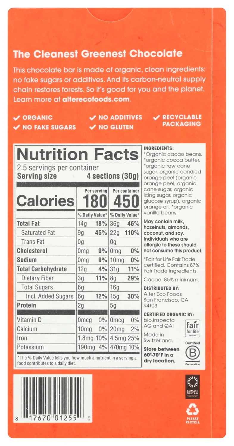 ALTER ECO Organic Orange Blackout 85% Dark Chocolate Bar, 2.65 OZ