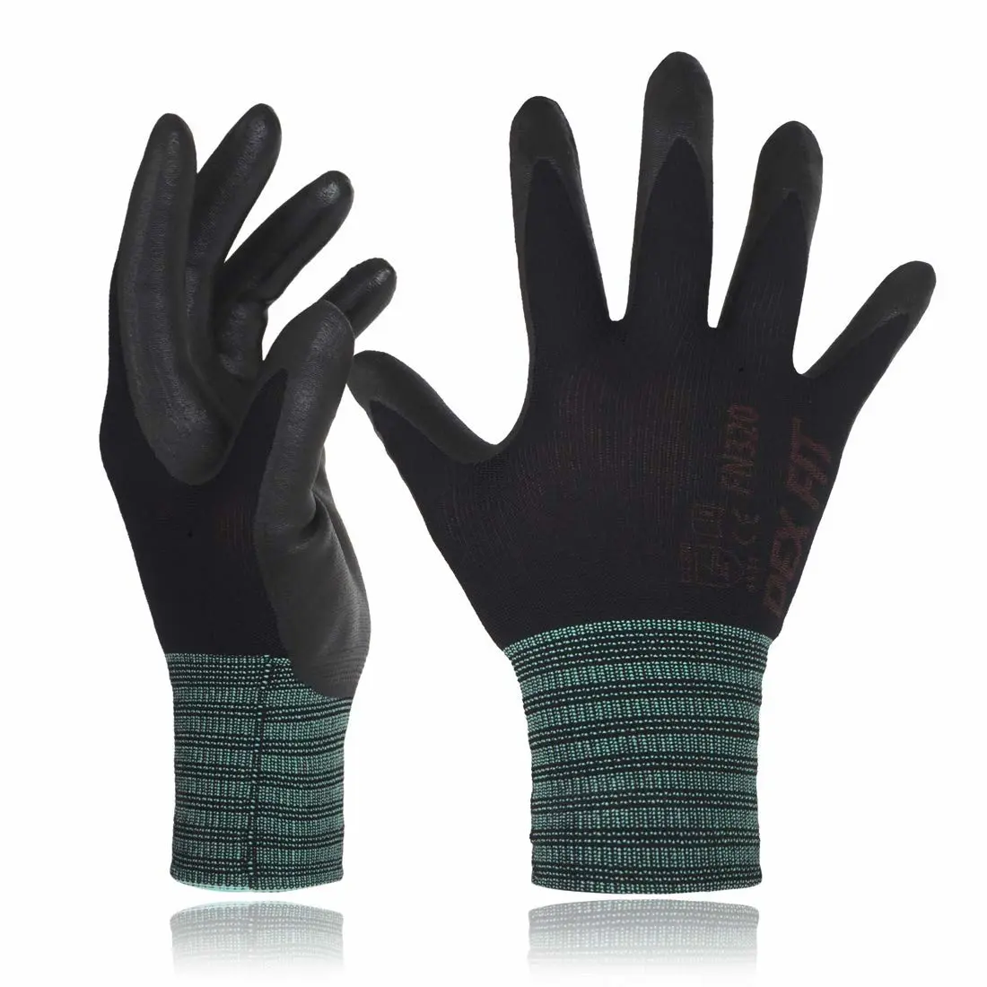 DEX FIT Premium Nylon Work Gloves FN320-1 Pair, Firm Nitrile Grip, 3D-Comfort Stretchy Fit, Thin & Lightweight, Protective & Durable, Breathable, Machine Washable; Black 8 (M)