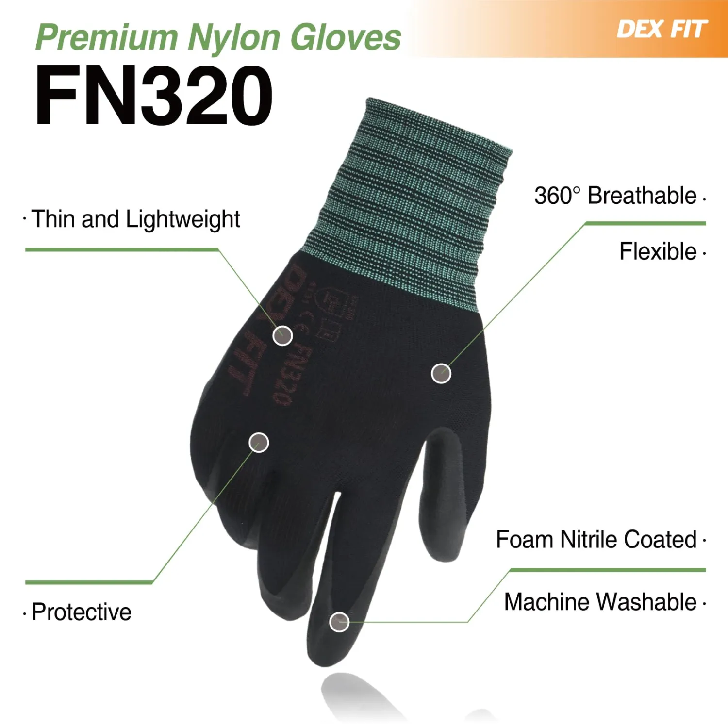 DEX FIT Premium Nylon Work Gloves FN320-1 Pair, Firm Nitrile Grip, 3D-Comfort Stretchy Fit, Thin & Lightweight, Protective & Durable, Breathable, Machine Washable; Black 8 (M)