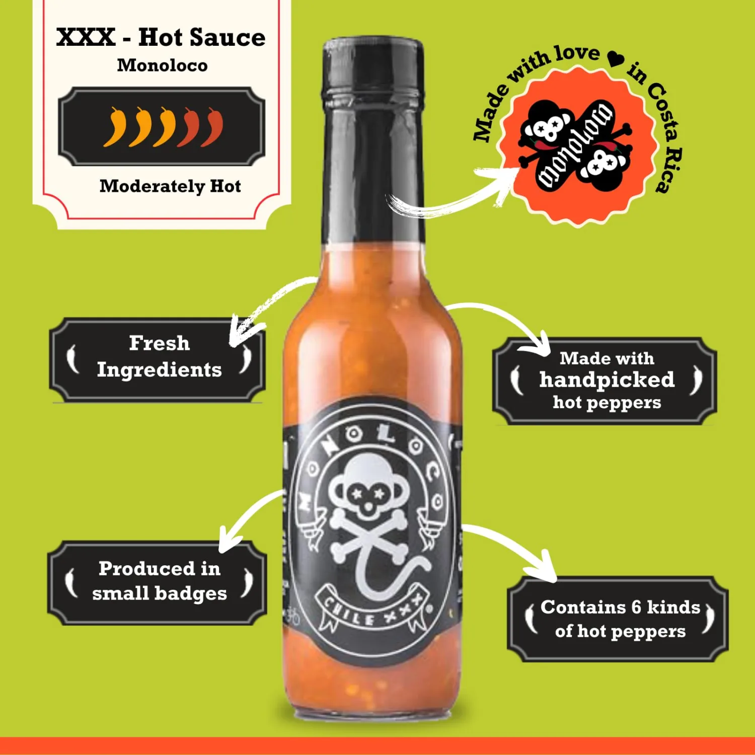 Chile Monoloco - XXX Hot Sauce (6 types of peppers: Scoth Bonnet, Jalapeno pepper, Peruvian Aji, Rocoto, Cayenne pepper and Ghost pepper), Mild Hot Sauce (pack of 1) 5 oz glass bottle.