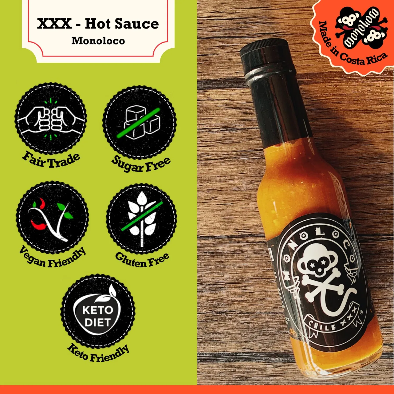 Chile Monoloco - XXX Hot Sauce (6 types of peppers: Scoth Bonnet, Jalapeno pepper, Peruvian Aji, Rocoto, Cayenne pepper and Ghost pepper), Mild Hot Sauce (pack of 1) 5 oz glass bottle.