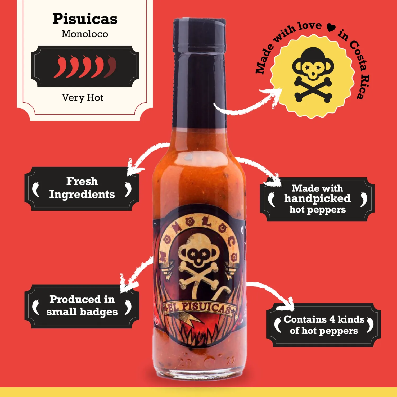 Chile Monoloco Costa Rican Hot Sauce Individual Bottle Chile El Pisuicas (The Devil) 150ml / 5oz