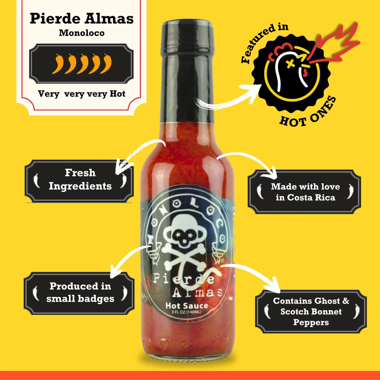 Chile Monoloco - Pierde Almas Hot Sauce (Ghost pepper and Scoth Bonnet pepper), Very very very Hot Sauce (pack of 1) 5 oz glass bottle.