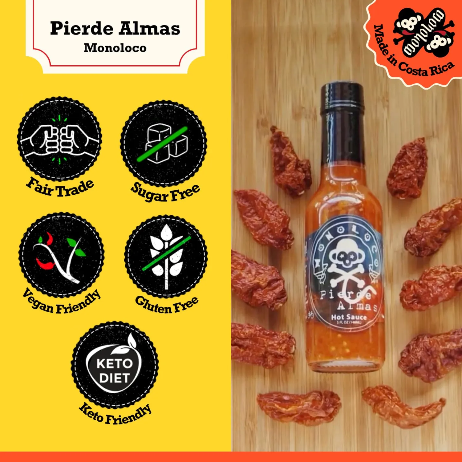 Chile Monoloco - Pierde Almas Hot Sauce (Ghost pepper and Scoth Bonnet pepper), Very very very Hot Sauce (pack of 1) 5 oz glass bottle.