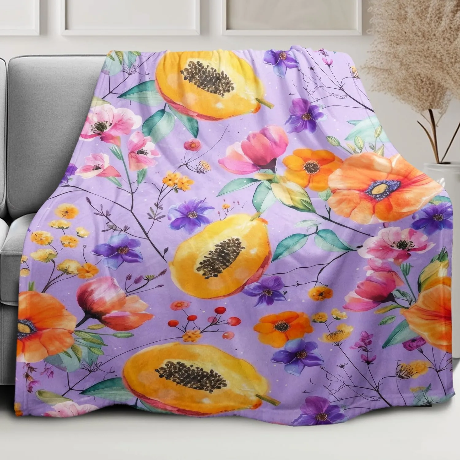 Papaya Pattern Throw Blanket, Decorative Fleece Blanket with Fresh Fruit Design, Super Soft and Lightweight, Gifts for Women Girls Kids, 50" x 60"