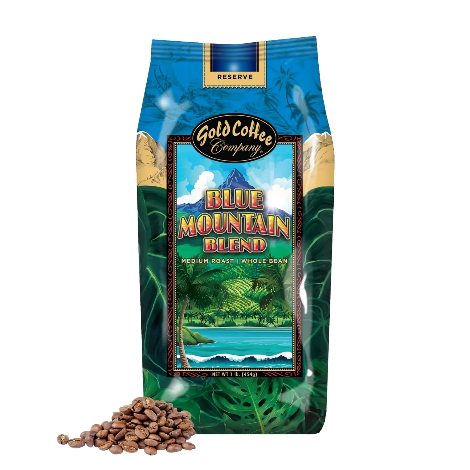 Gold Coffee | Blue Mountain Premium Blend | Medium Roast, Whole Bean | 100% Arabica Coffee | 1 lb.