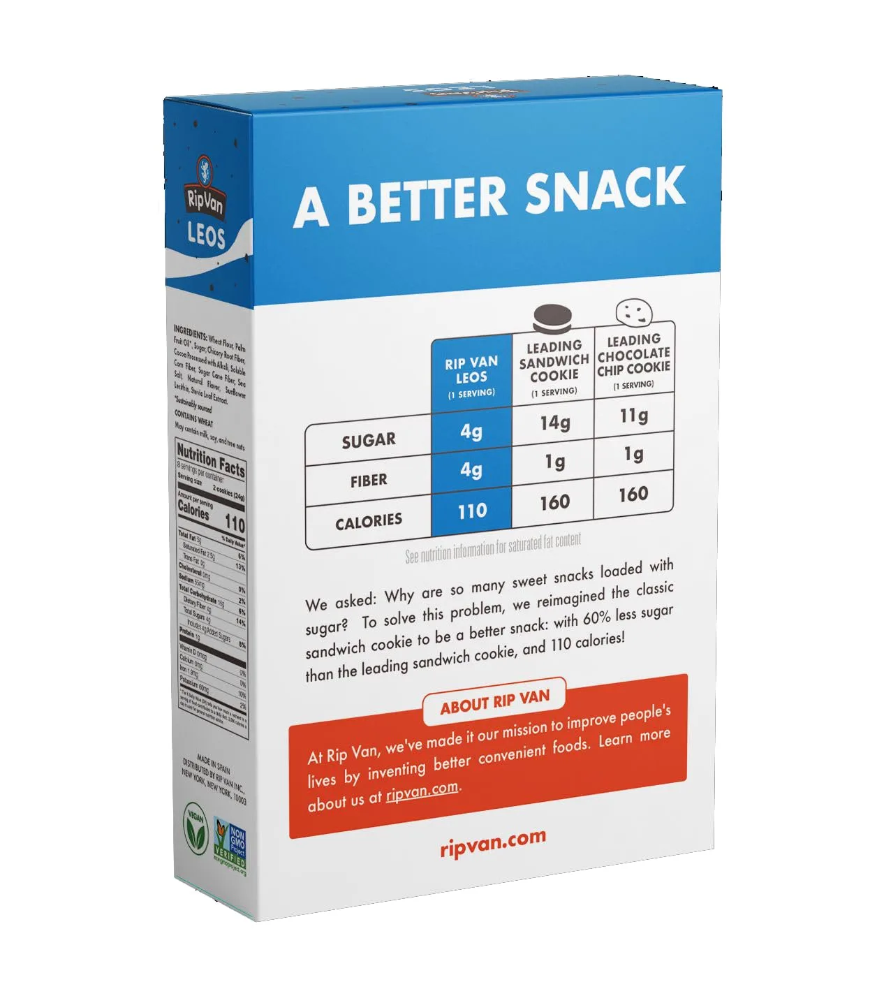 Rip Van LEOs - Cookies and Cream Sandwich Cookies - Low Sugar and Low Carb Snack - Diabetic and Vegan Snacks - 4 Packs of 1.69oz