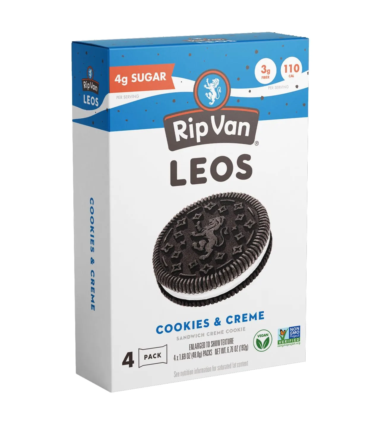 Rip Van LEOs - Cookies and Cream Sandwich Cookies - Low Sugar and Low Carb Snack - Diabetic and Vegan Snacks - 4 Packs of 1.69oz