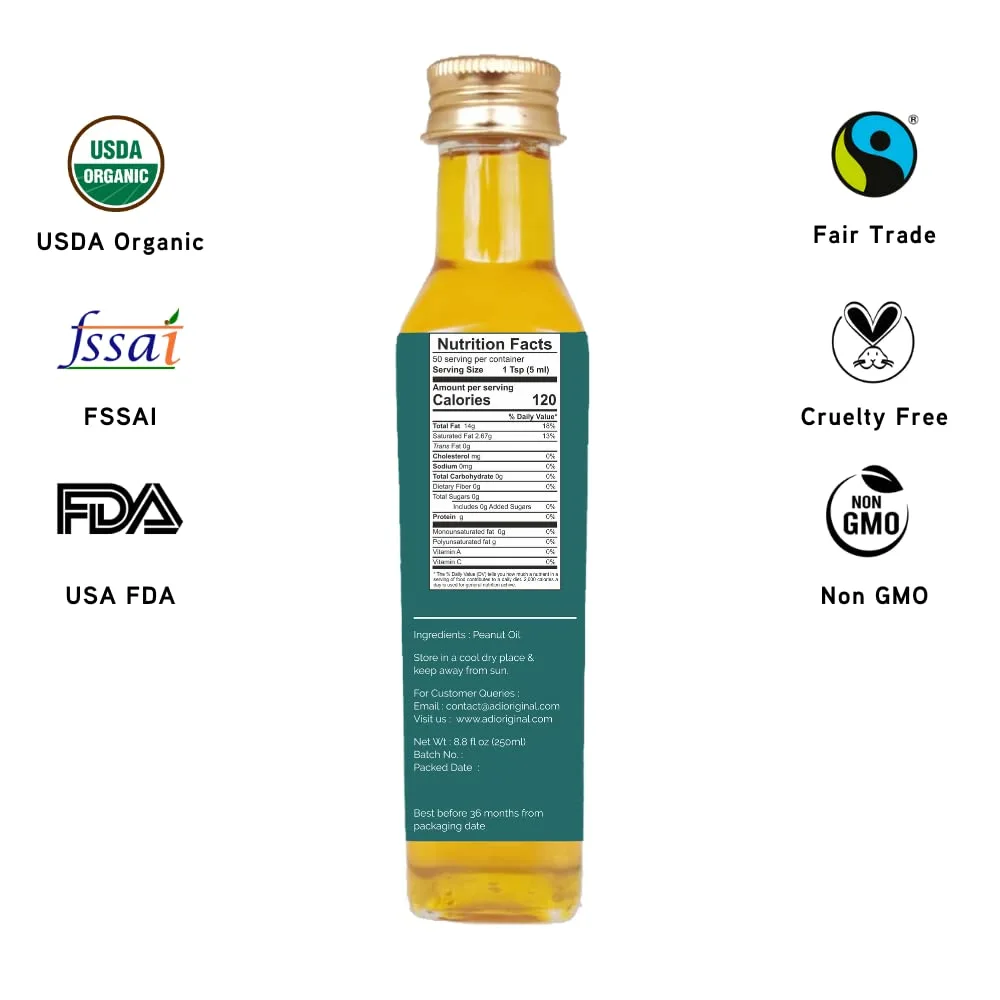 ADI Organic 100% Pure Peanut Oil 8.8 fl oz USDA Certified, Unrefined, Cold-Pressed Peanut Oil for Cooking, Baking, and Deep Frying
