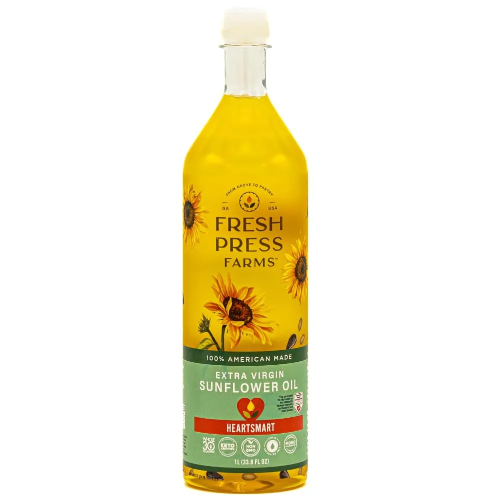 Fresh Press Farms Cold Pressed Extra Virgin Sunflower Oil, 33.8 Fl Oz, High Oleic, Georgia Grown, 100% American Made, Unrefined, Certified Whole30, Non-GMO, Keto, Paleo, Gluten Free