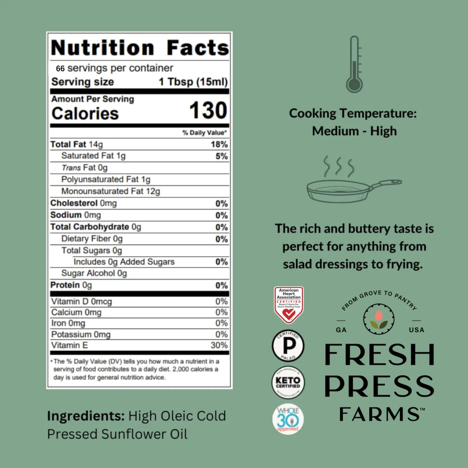 Fresh Press Farms Cold Pressed Extra Virgin Sunflower Oil, 33.8 Fl Oz, High Oleic, Georgia Grown, 100% American Made, Unrefined, Certified Whole30, Non-GMO, Keto, Paleo, Gluten Free