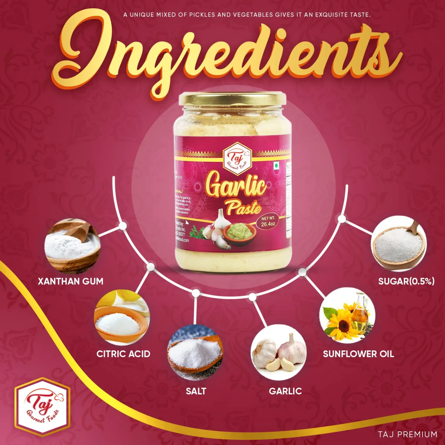 TAJ Premium Garlic Paste,Fresh Garlic Cooking Paste, 750g