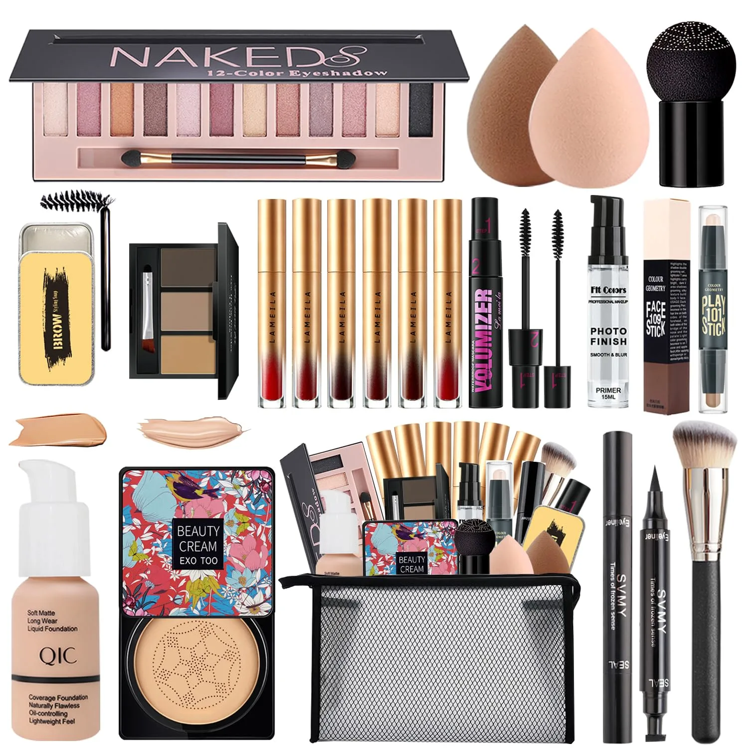 All In One Naked Eyeshadow & Makeup Kit - Includes Liquid Foundation, CC Cream, Lipstick Set, Mascara, Makeup Brush, Sponge, Eyebrow Powder, Soap, Eyeliner Stamp, Primer, Contour Stick & Cosmetic Bag