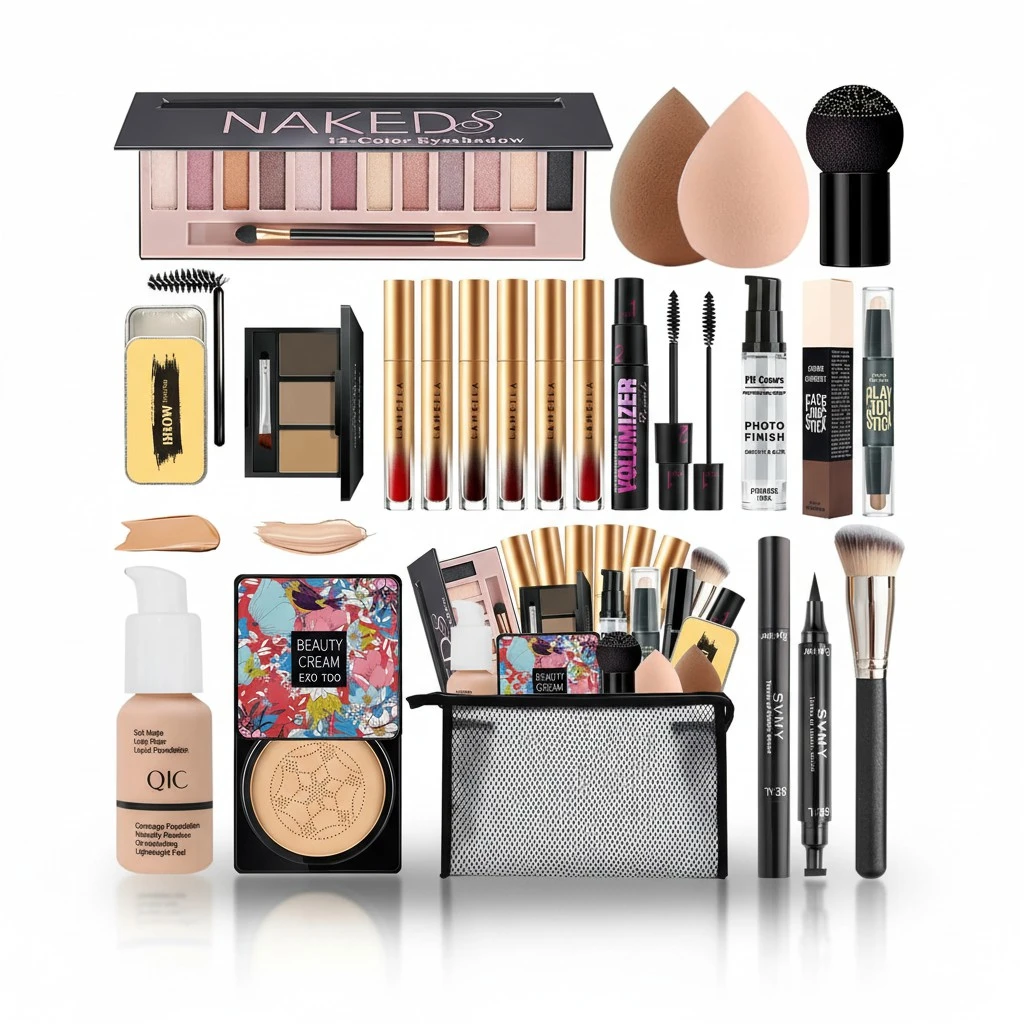 All In One Naked Eyeshadow & Makeup Kit - Includes Liquid Foundation, CC Cream, Lipstick Set, Mascara, Makeup Brush, Sponge, Eyebrow Powder, Soap, Eyeliner Stamp, Primer, Contour Stick & Cosmetic Bag