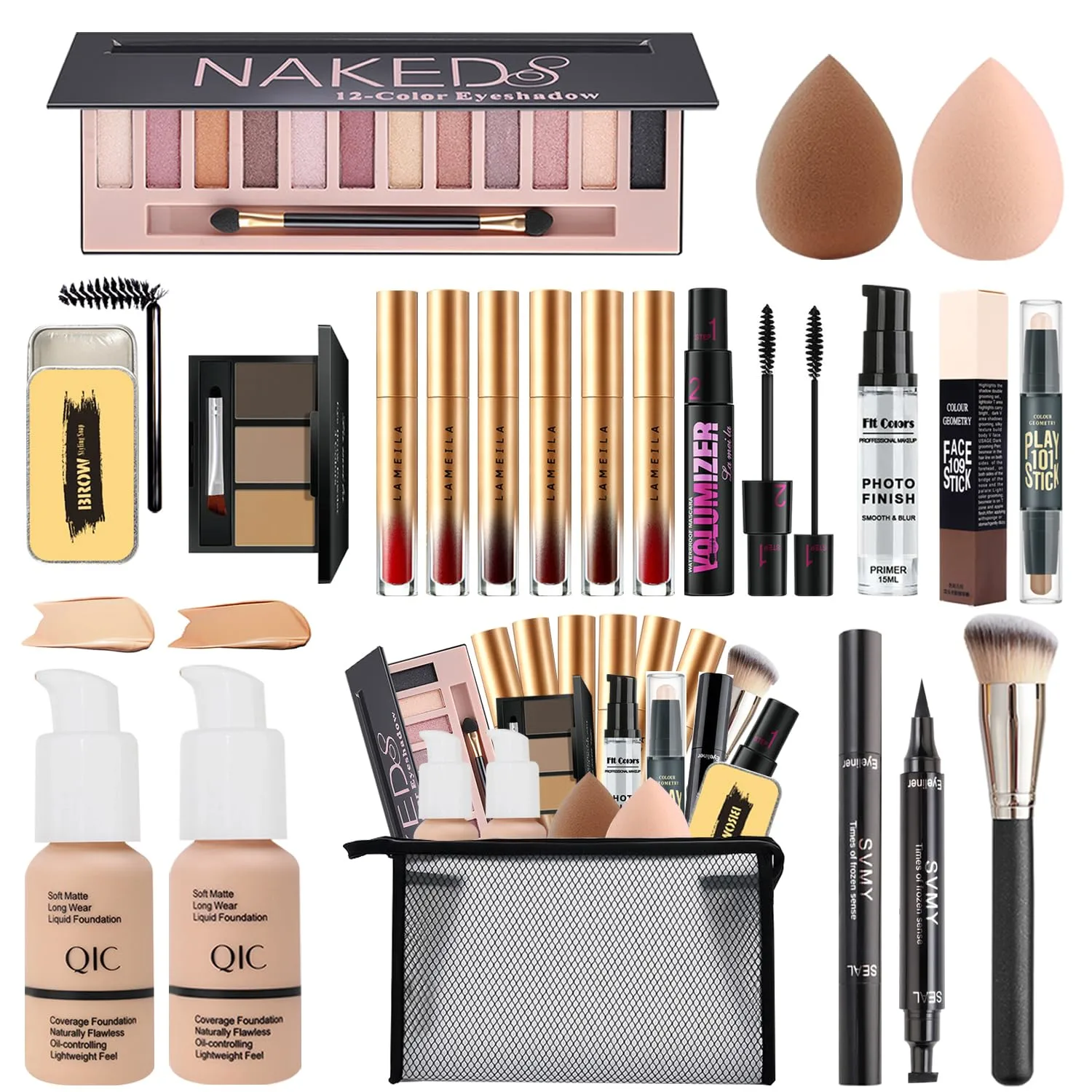 All in One Makeup Kit, Includes Naked Eyeshadow,Liquid Foundation,Lipstick Set,Mascara,Makeup Brush,Makeup Sponge,Eyebrow Powder,Eyebrow Soap,Eyeliner Stamp,Primer,Contour Stick,Makeup Bag