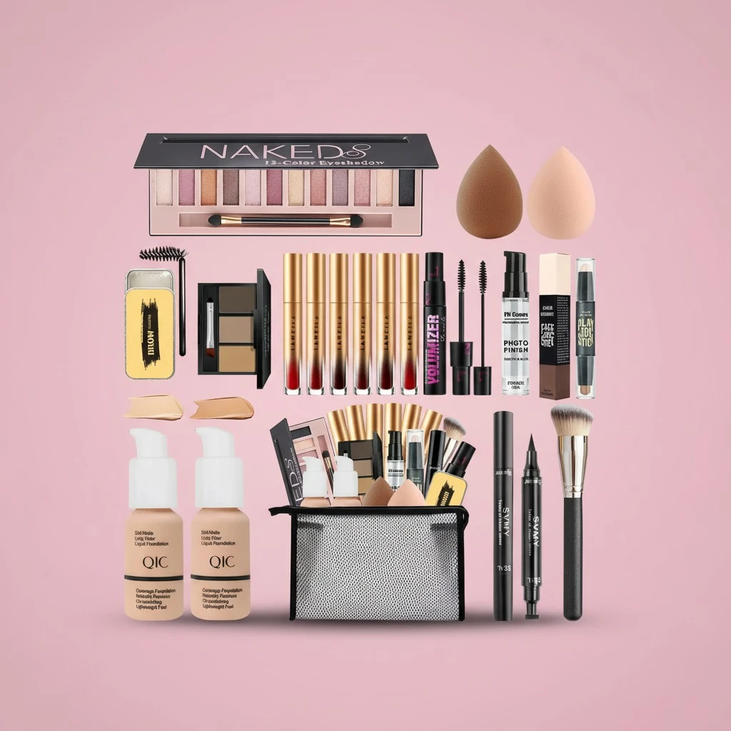 All in One Makeup Kit, Includes Naked Eyeshadow,Liquid Foundation,Lipstick Set,Mascara,Makeup Brush,Makeup Sponge,Eyebrow Powder,Eyebrow Soap,Eyeliner Stamp,Primer,Contour Stick,Makeup Bag